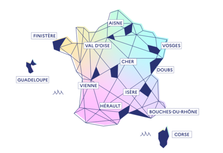 Département TNE : Aisne, Val d'Oise, Bouches-du-Rhône, Cher, Corse du Sud, Doubs, Finistère, Guadeloupe, Hérault, Isère, Vienne, Vosges